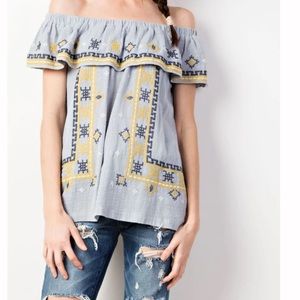 Easel Blue Top Off Shoulder Elastic Ruffle Embroidery‎ Cotton Gauze